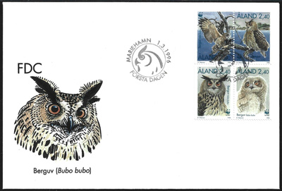 FDC Åland 1996 ÅV4 WWF-merkit Huuhkaaja LaPe ÅL 109-112