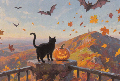 Halloween musta kissa katselee vuorelle