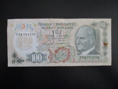 TURKEY 100 LIRA 1972 P-189  (K15-S117)