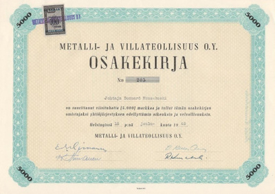 OKK 1945 Metalli- ja Villateollisuus Oy, Helsinki osakekirja