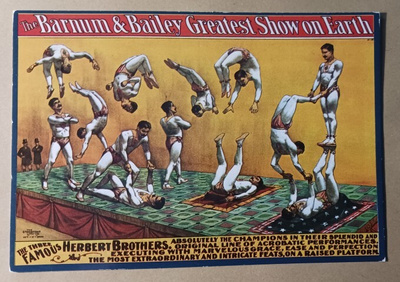Barnum & Baileyn juliste - akrobaatteja, temppuja, käyt.