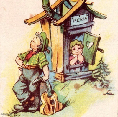 LAPSET / Tyttö pikku mökissä, soittajapoika ulkona. 1900-l.