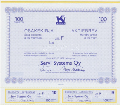OKK 1989 Servi-Systems Oy spec, Helsinki osakekirja