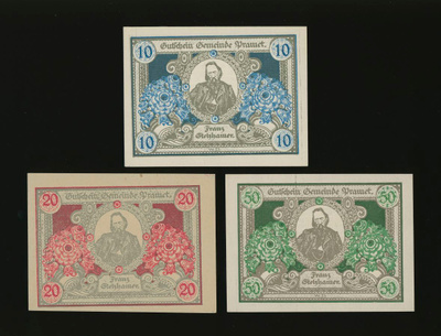 Itävalta Notgeld 10, 20, 50 Heller, Pramet 1920