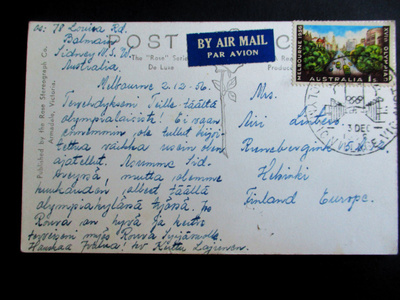 1956 Australia kesäolympiakortti Suomeen  3.12.56