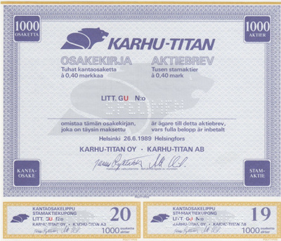 OKK 1989 Karhu-Titan Oy spec, Helsinki pörssi osakekirja