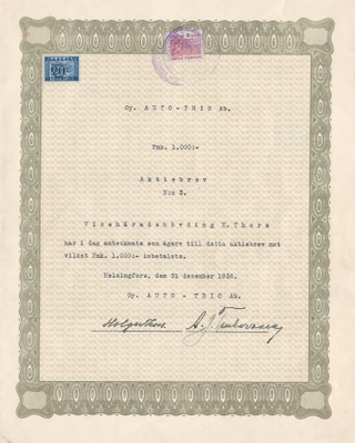 OKK 1936 Auto-Trio Oy , Helsinki osakekirja