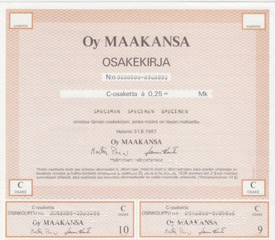 OKK 1987 Maakansa Oy spec, Helsinki osakekirja