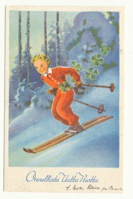 Suksilla mäkeä alas -vanha kortti