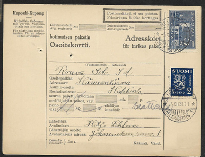 Paketik. - ks 1930 (LAPE 153,155) Helsinki 5.12.31