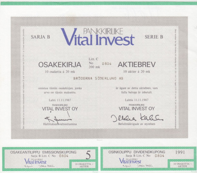 OKK 1987 Pankkiiriliike Vital Invest Oy pörssi, Lahti