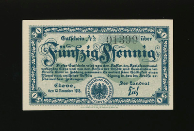 Saksa Notgeld 50 Pfennig, Cleve 12.11.1918