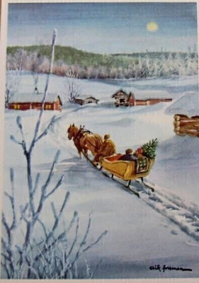 Hevonen vetää rekeä Joulukortti