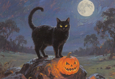 Halloween musta kissa kiven päällä