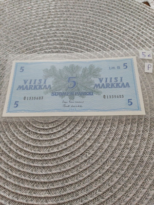 Pakka sileä 5mk Litt.B seteli 1963