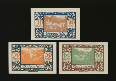 Itävalta Notgeld 10, 30, 60 Heller, Badgastein 1920