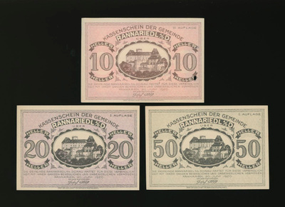 Itävalta Notgeld 10, 20, 50 Heller, Rannariedl 1920