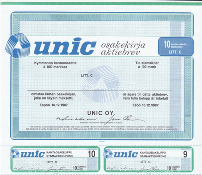 OKK 1987 Unic Oy spec, Espoo pörssi osakekirja