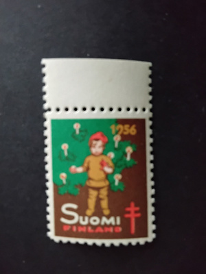 1956 tub joulumerkki lapsi  kuusen juurella **