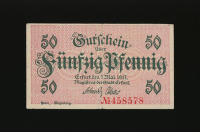 Saksa Notgeld 50 Pfennig, Erfurt 1.5.1917 VF