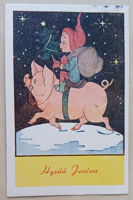 Tonttu ratsastaa possulla, lahjat ja kuusi p. 1945 + Tubi-jm