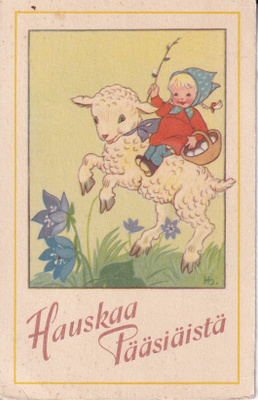 Hauskaa  Pääsiäistä. Tyttö ratsastaa kilillä   . e247