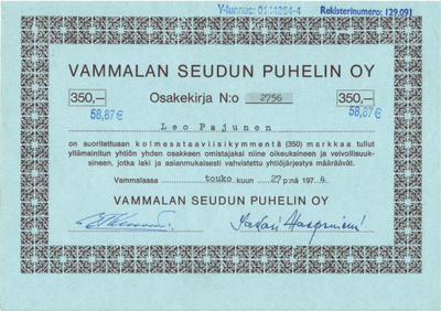 OKK 1974 Vammalan Seudun Puhelin Oy, Vammala osakekirja