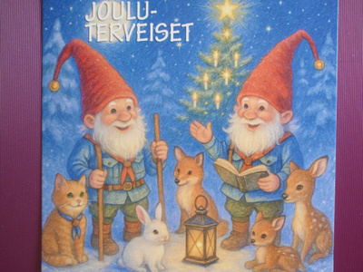 Tonttu lukee metsän eläimille kirjaa valaistun kuusen luona