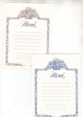Menu`pahvit , 125 x 170 mm. , 25 + 25 , sini- ja ruskeasävy.