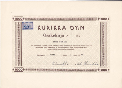 OKK 1949 Kurikka Oy, Lahti osakekirja nro 007