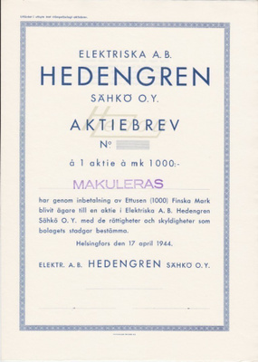 OKK 1944 Hedengren Sähkö Oy bla, Helsinki osakekirja