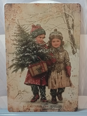 Lapset joulukuusen haussa vintage taulu