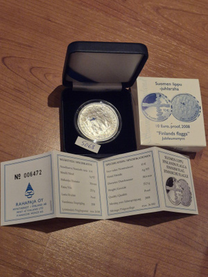 HOPEAraha 10 euroa 2008, Suomen lippu Proof, Ag925, 25,5g