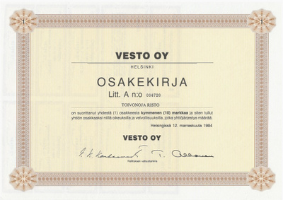OKK 1984 Vesto Oy, Helsinki osakekirja pörssi YIT