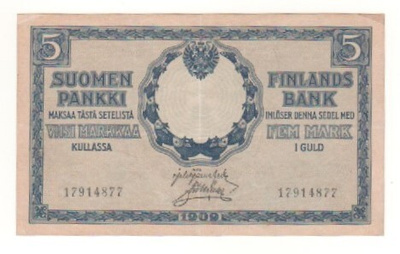 5 markkaa 1909 JÄR-Mul, vesileimalla
