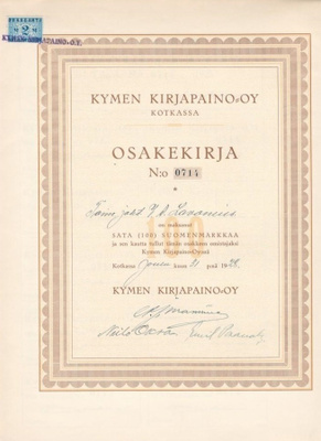 OKK 1928 Kymen Kirjapaino Oy, Kotka osakekirja