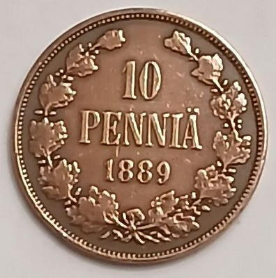 Aleksanteri III, kupari 10 penniä, vuodelta 1889.