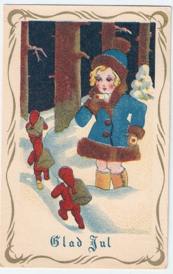 Tyttö näkee tonttuja metsässä. Glad Jul