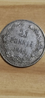 25 Penniä 1909 hopeaa kolikko