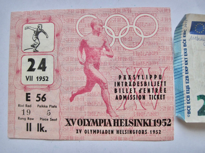 VANHA Pääsylippu Helsinki 1952 Olympia Yleisurheilu 24.7.52