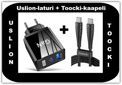 Uusi musta Uslion 65W GaN-laturi ja 1m TOOCKI kaapeli #30697