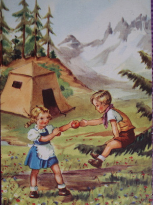 Tyttö ja poika telttaretkellä vuoristossa VANHA -58
