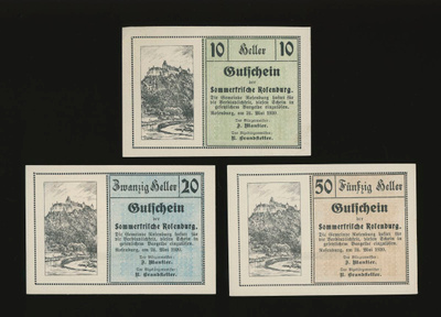 Itävalta Notgeld 10, 20, 50 Heller, Rosenburg 1920