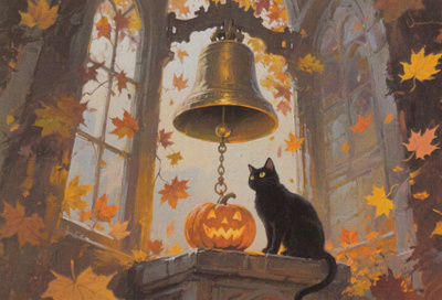 Halloween musta kissa ja iso kello
