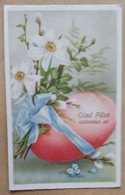 Pääsiäismuna sidottuna silkkinauhoilla, narsisseja, p. 1944