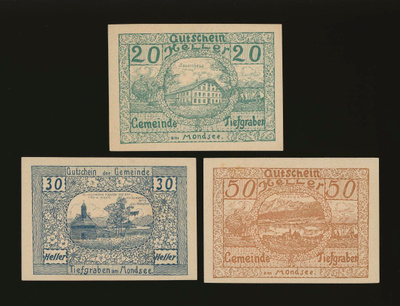 Itävalta Notgeld 20, 30, 50 Heller, Tiefgraben 1920