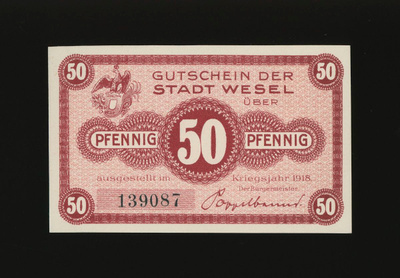 Saksa Notgeld 50 Pfennig, Wesel 1918