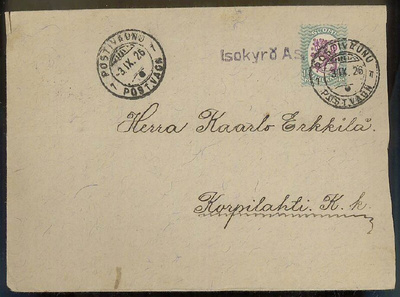 Isokyrö As -rivileima postivaunu-leimaisella kuorella 1926