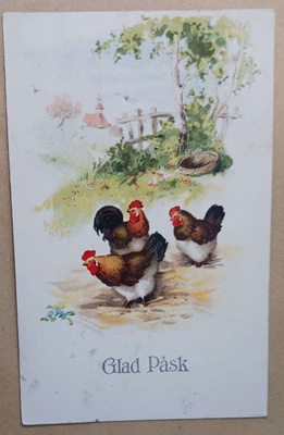 Kolme komeaa kanaa kuopsuttamassa pihaa, p. 1930