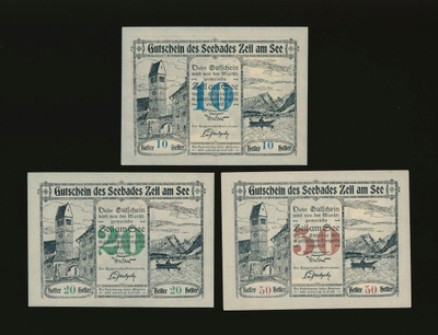 Itävalta Notgeld 10, 20, 50 Heller, Zell am See 1920